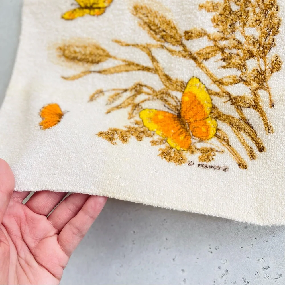 Vintage Franco Bath Washcloth 70s Orange Yellow Butterfly Cotton